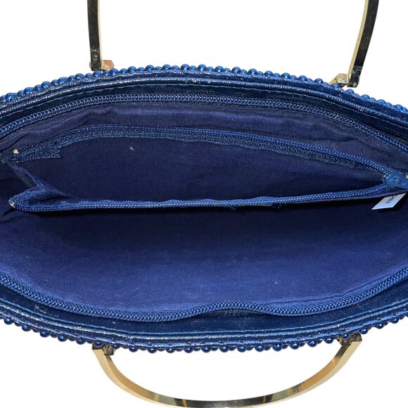 Bags By Marlo Women’s Navy Blue Beaded With Gold Metal Handles Evening Handbag - Picture 9 of 10